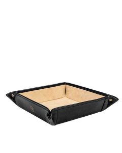 luxury black leather desk tidy tray with suede lining. Handmade in Italy from the finest full grain hides