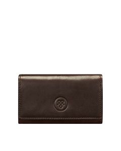 Close-up of Maxwell Scott craftsmanship on fine Italian leather key wallet holder demonstrating durability and design excellence